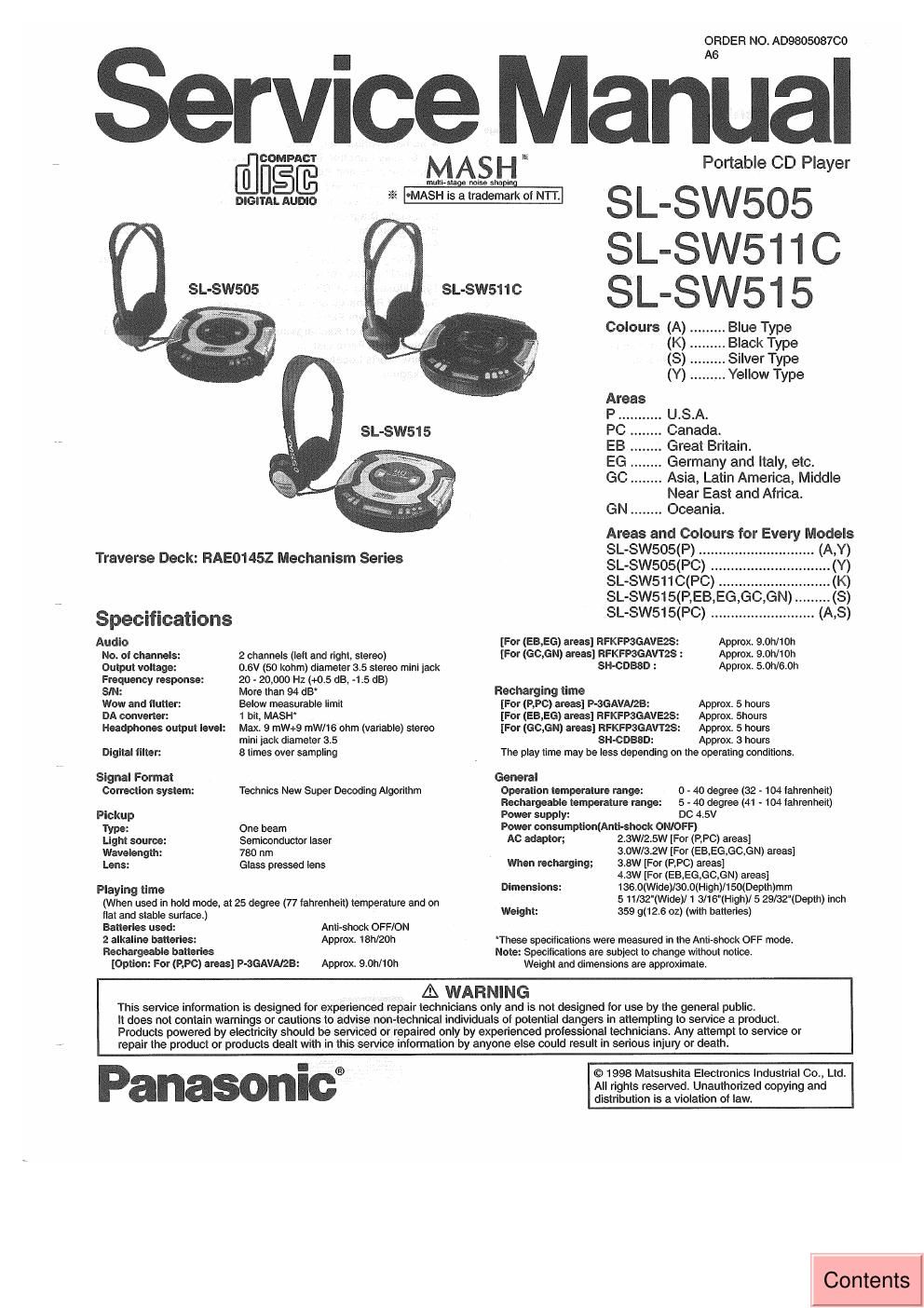 panasonic sl sw 505 service manual