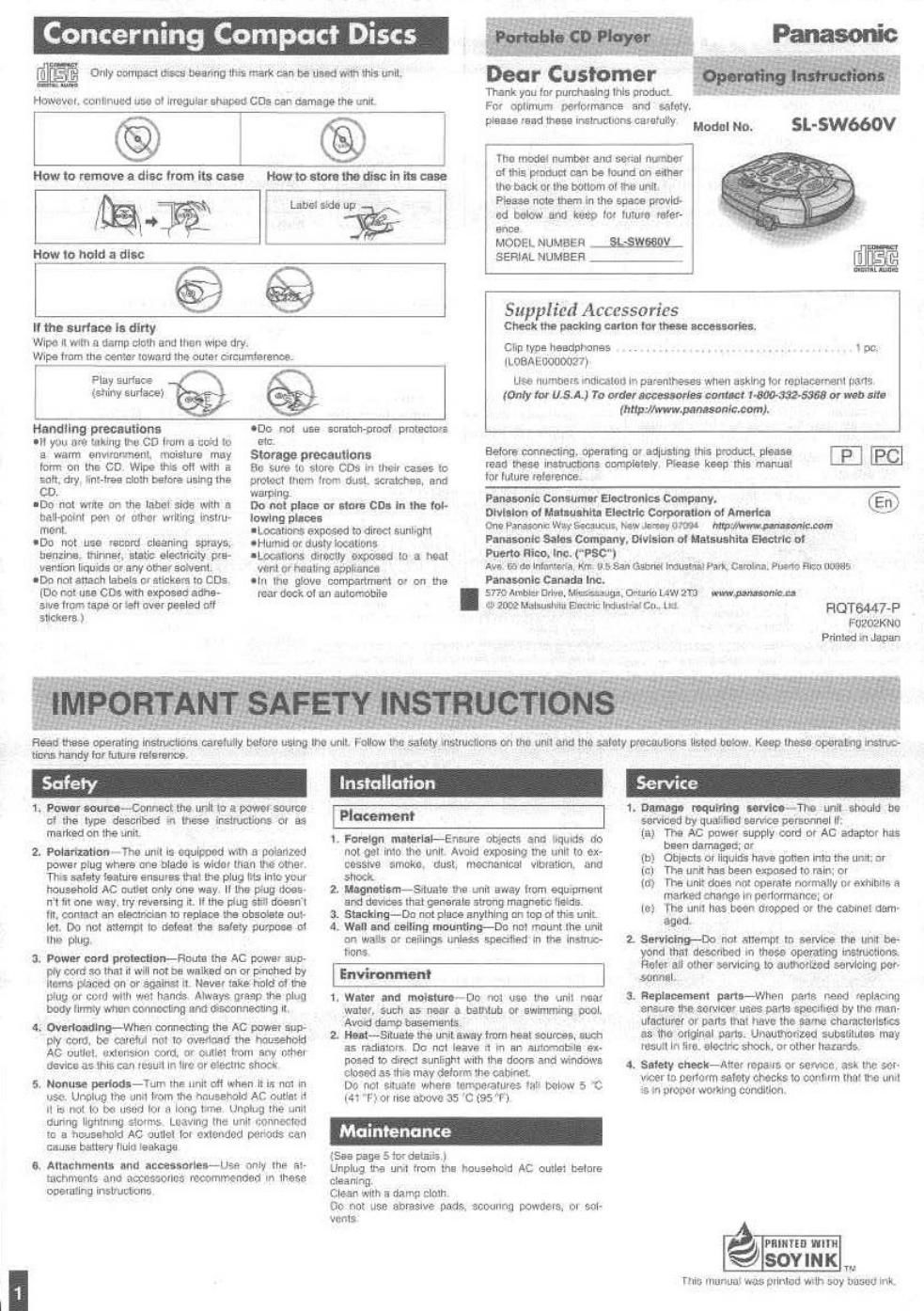 panasonic sl sw 660 v owners manual
