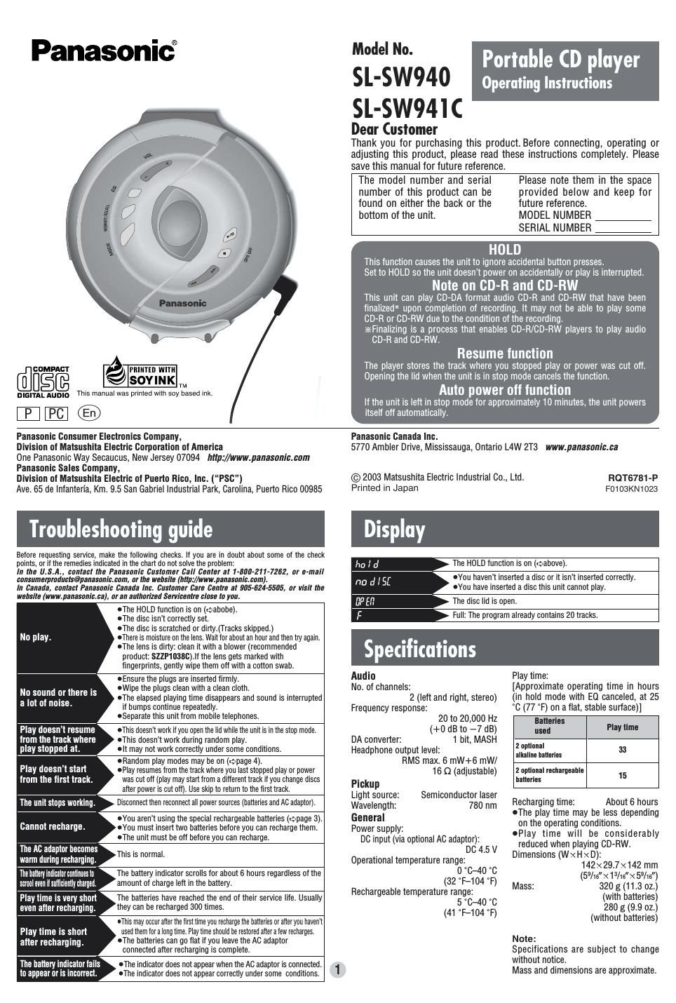 panasonic sl sw 940 owners manual