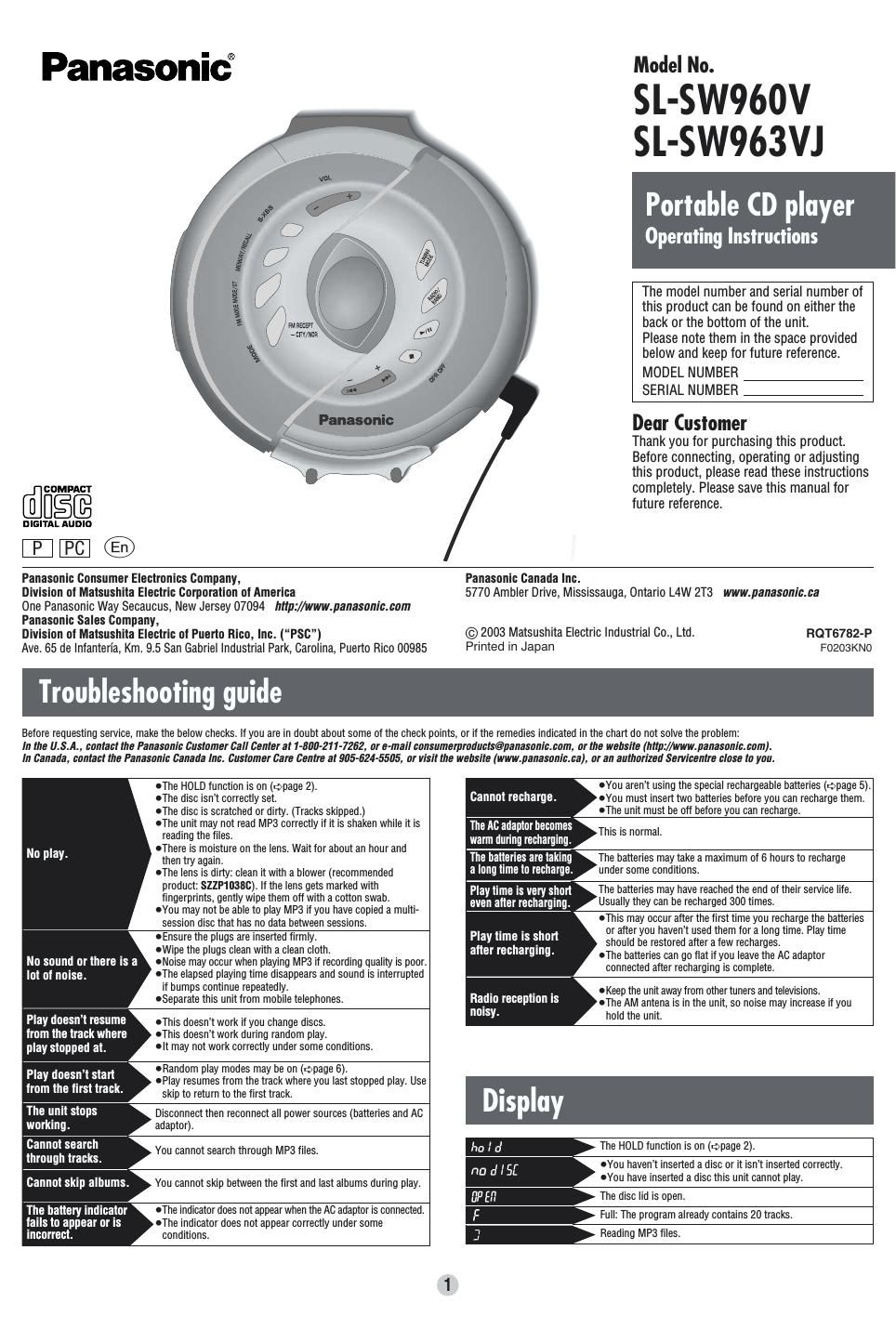 panasonic sl sw 960 v owners manual