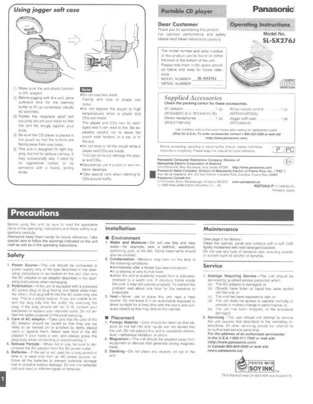 panasonic sl sx 276 j owners manual