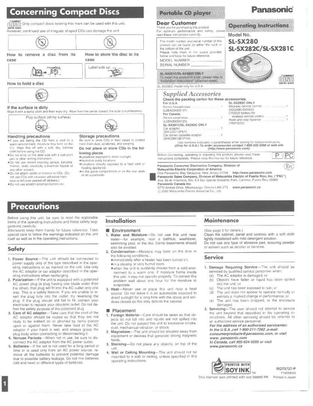 panasonic sl sx 280 owners manual