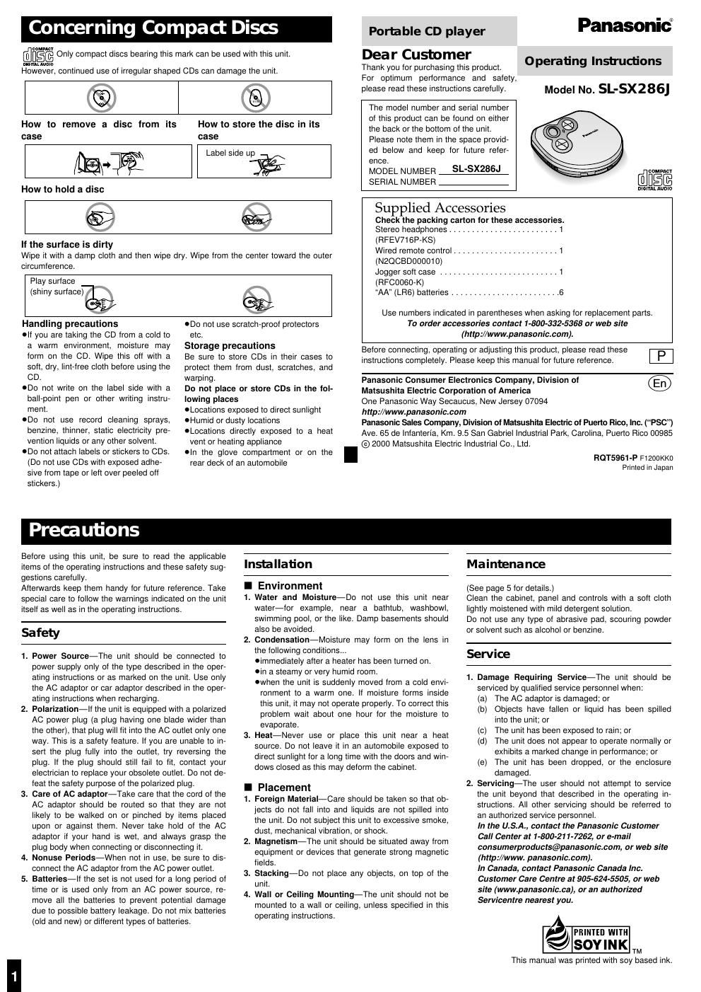 panasonic sl sx 286 j owners manual