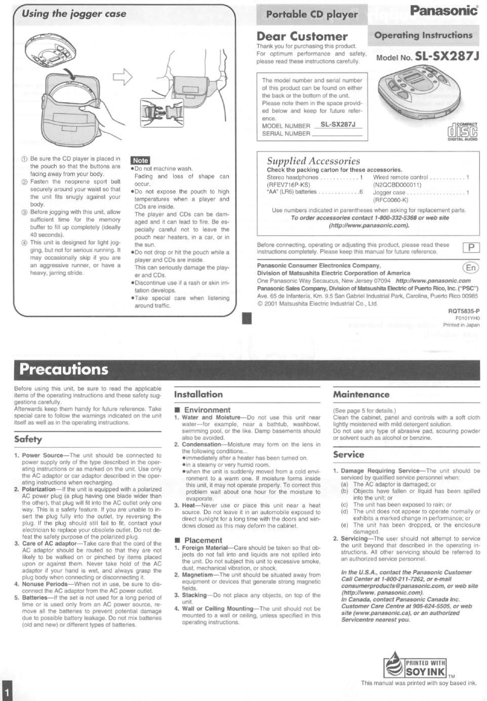 panasonic sl sx 287 j owners manual