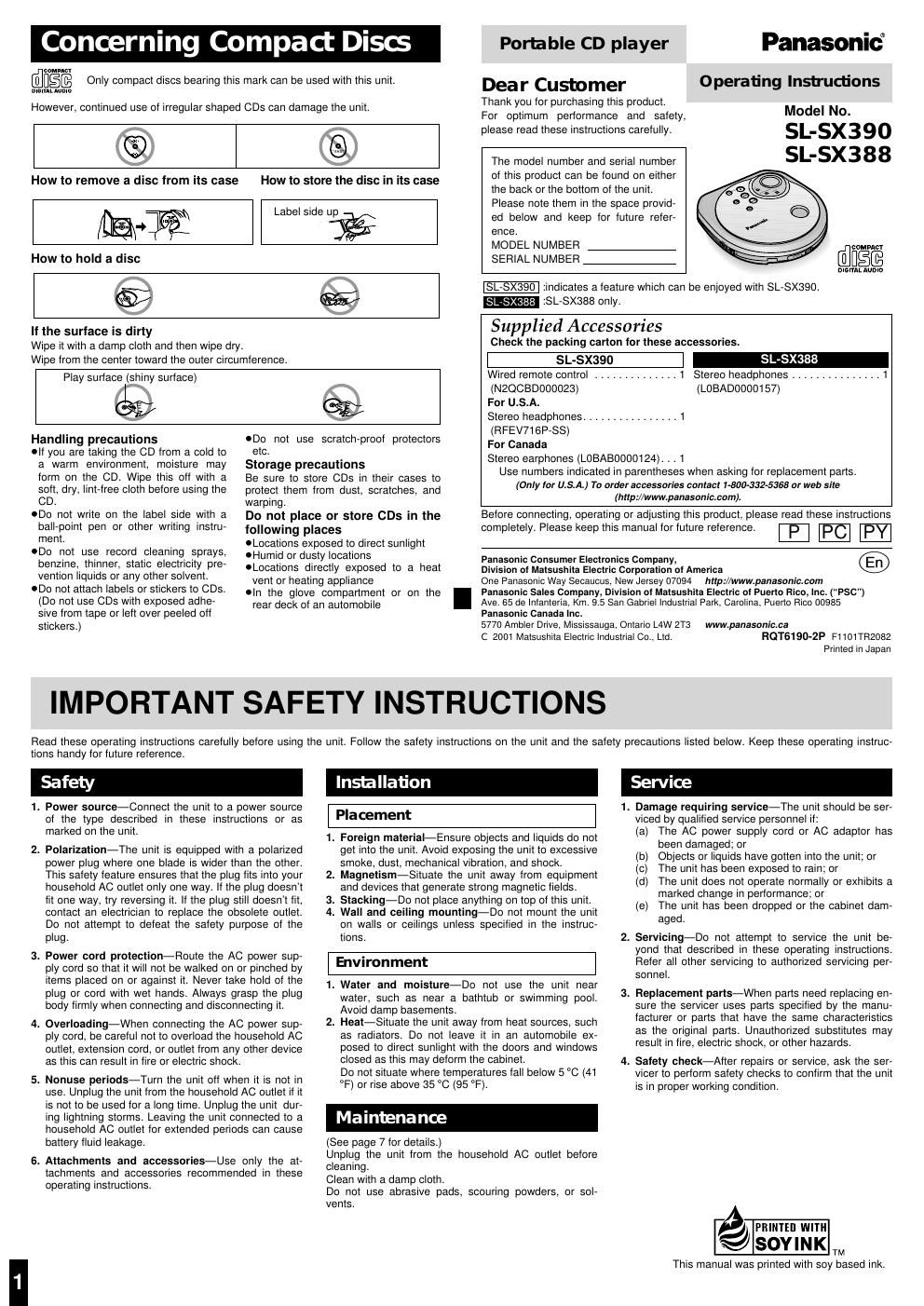 panasonic sl sx 388 owners manual