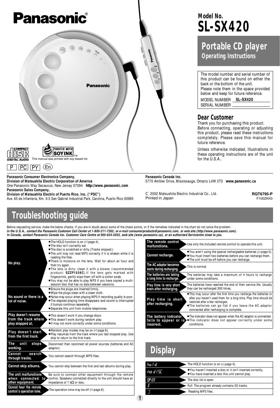 panasonic sl sx 420 owners manual