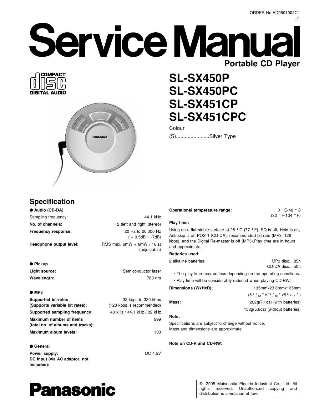 panasonic sl sx 450 cp service manual
