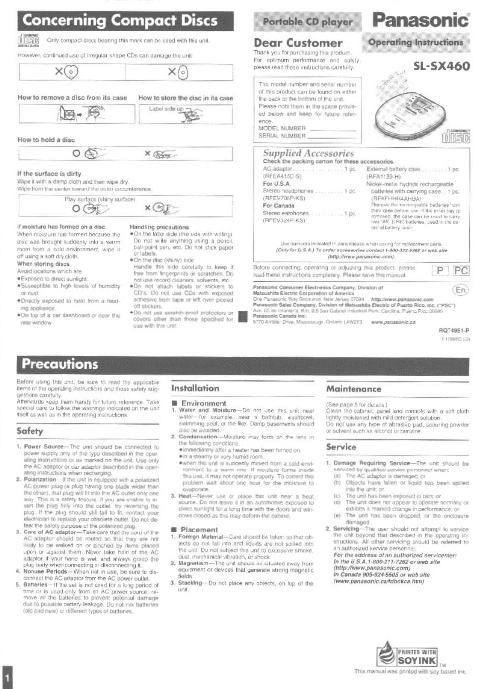 panasonic sl sx 460 owners manual