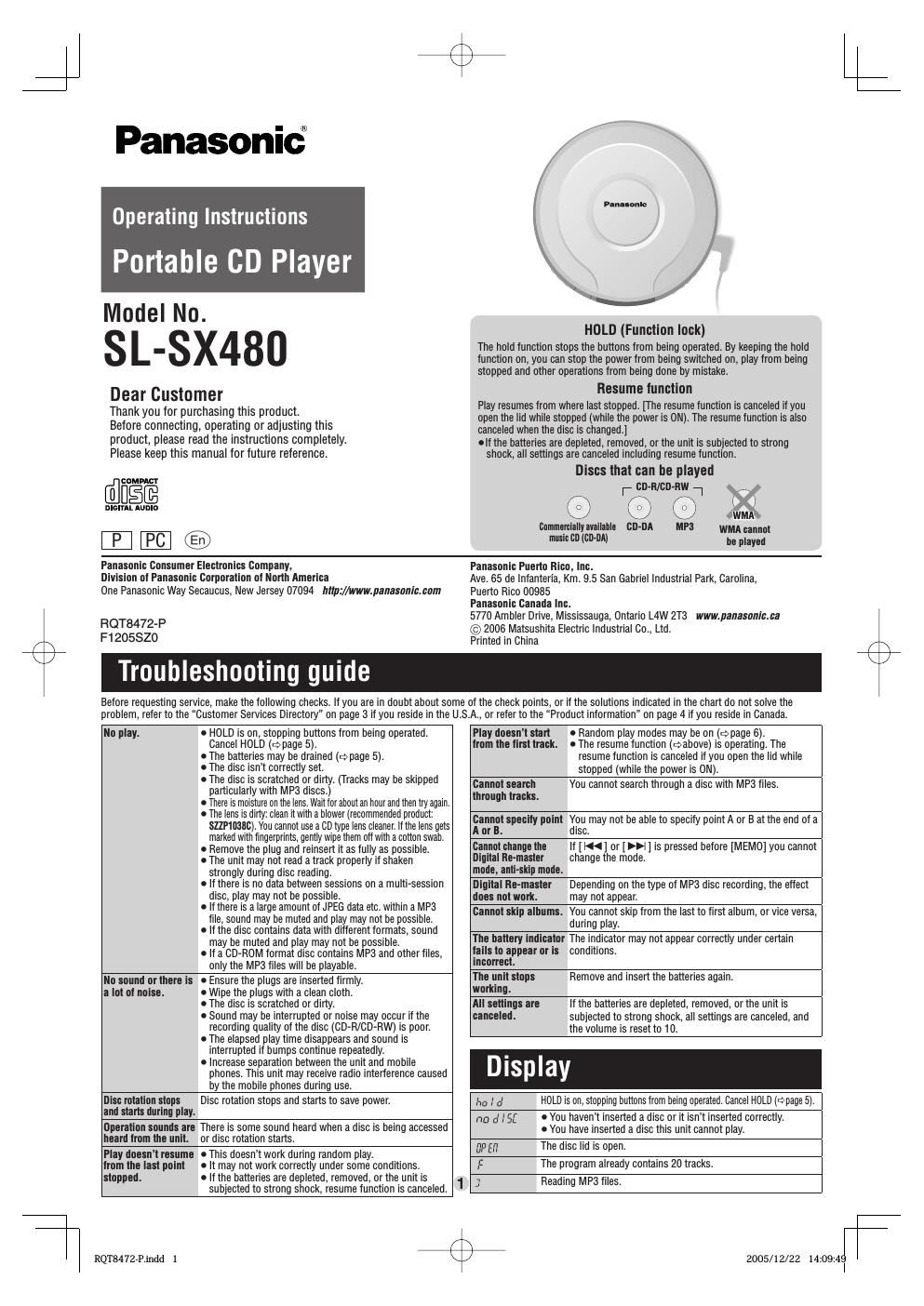 panasonic sl sx 480 owners manual