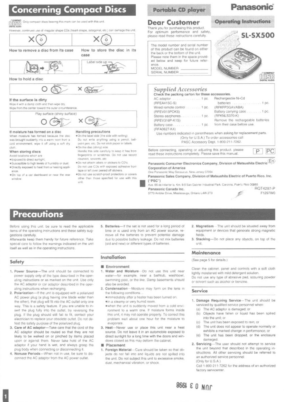 panasonic sl sx 500 owners manual