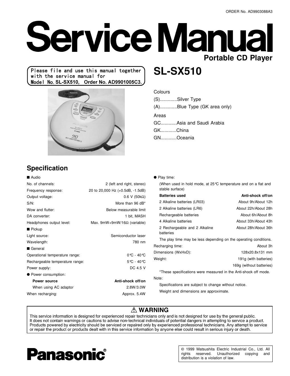 panasonic sl sx 510 service manual