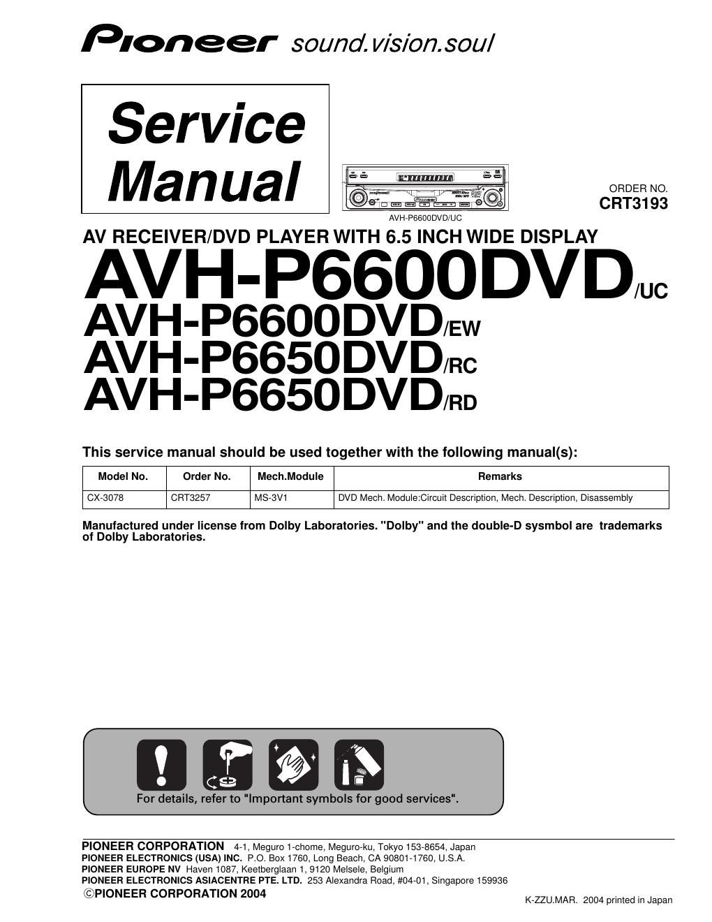 panasonic avh p6600 dvd service manual