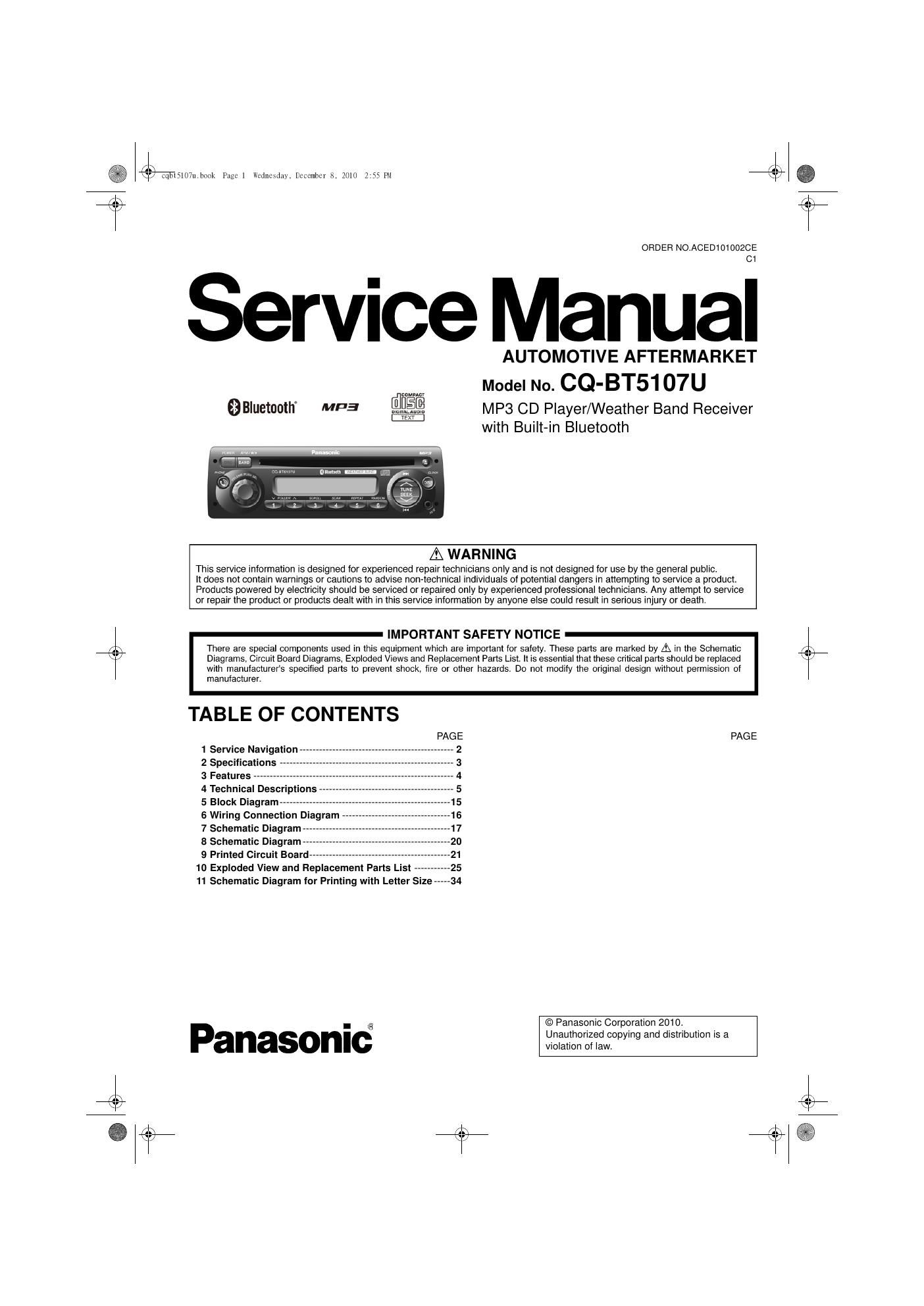 panasonic cq bt 5107 u service manual