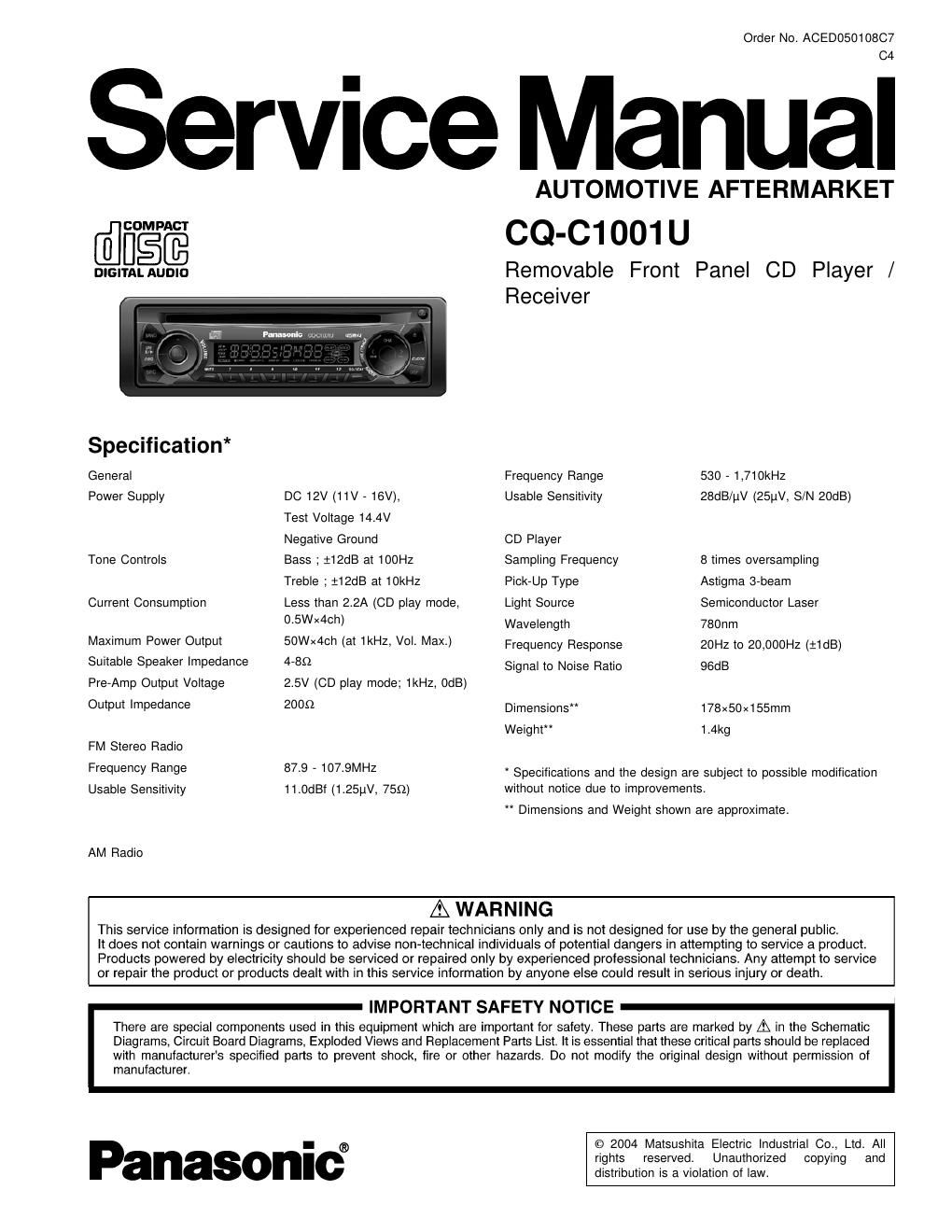 panasonic cq c 1001 u service manual