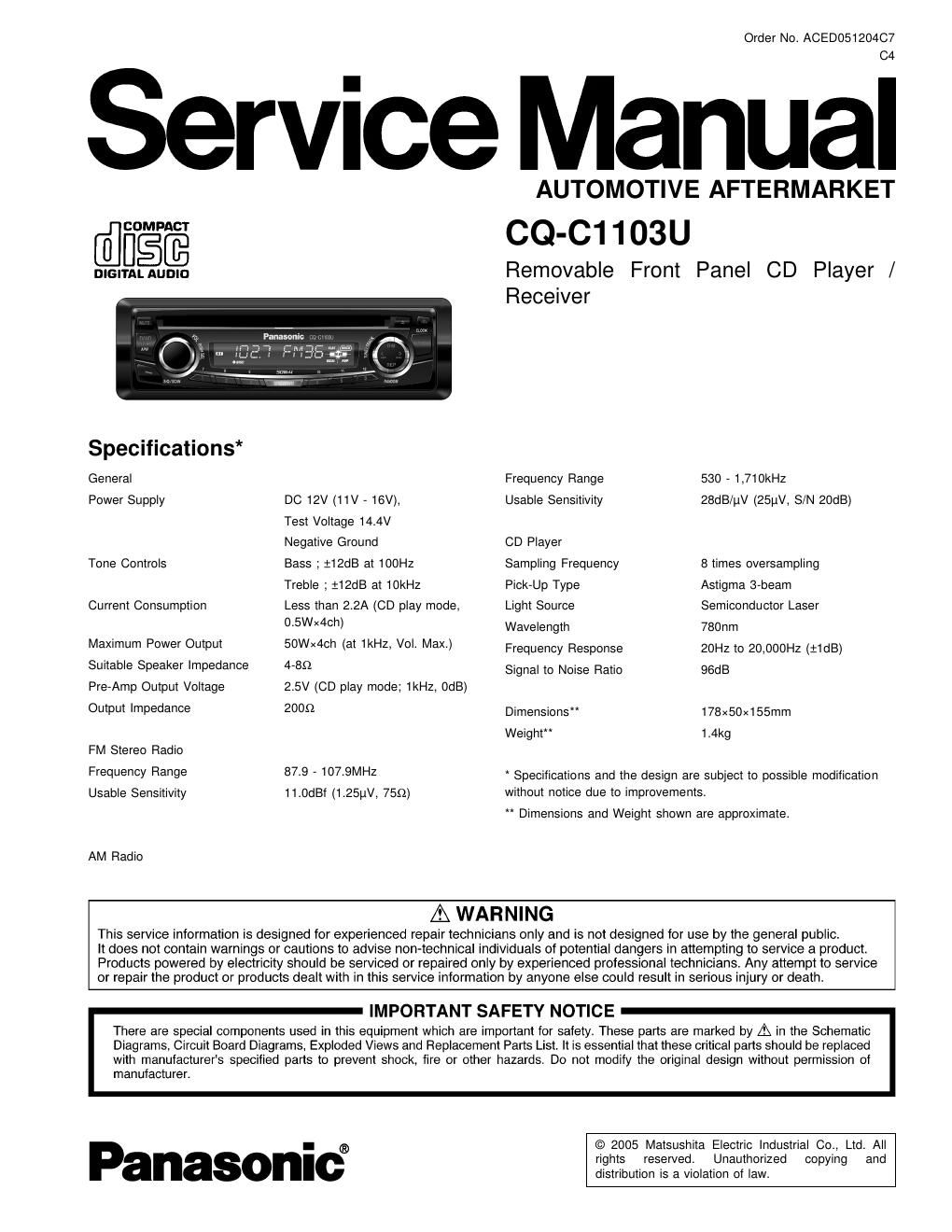 panasonic cq c 1103 service manual