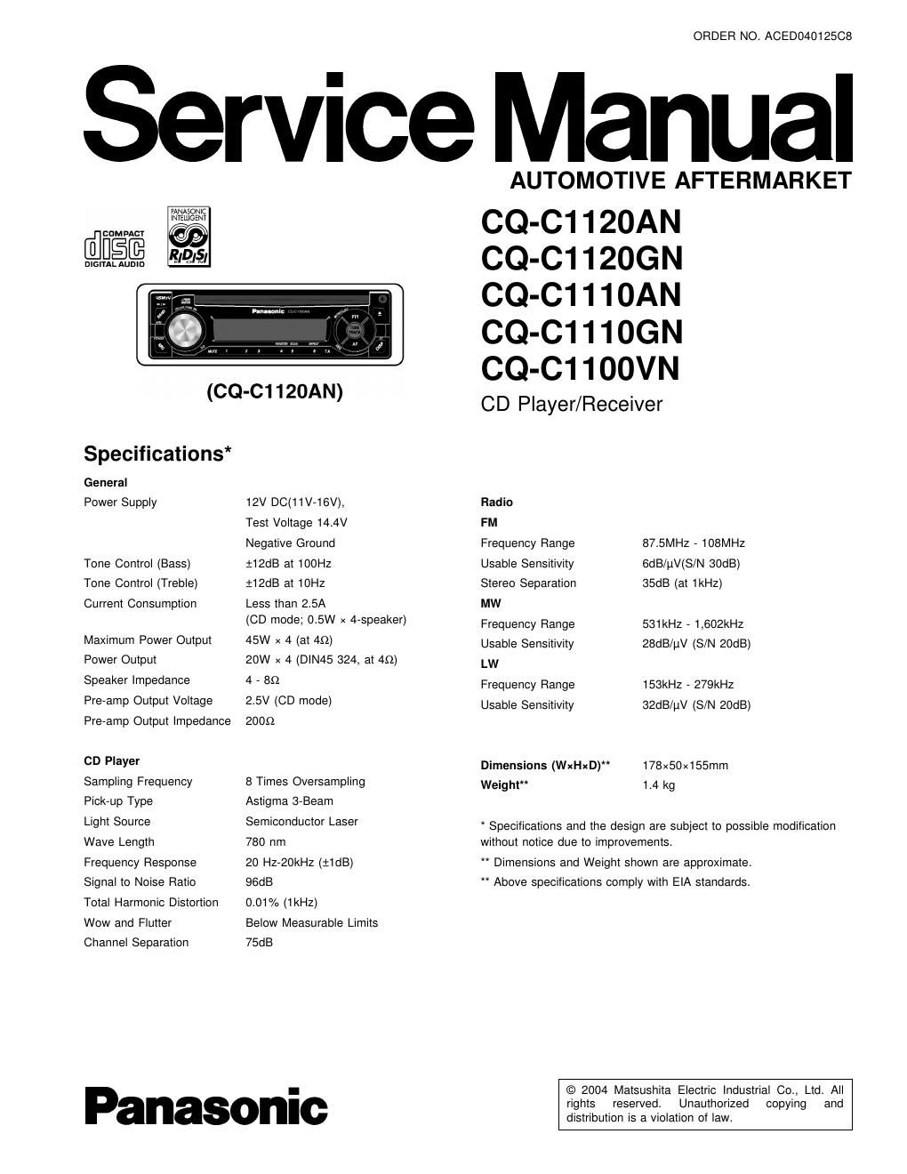 panasonic cq c 1110 an service manual