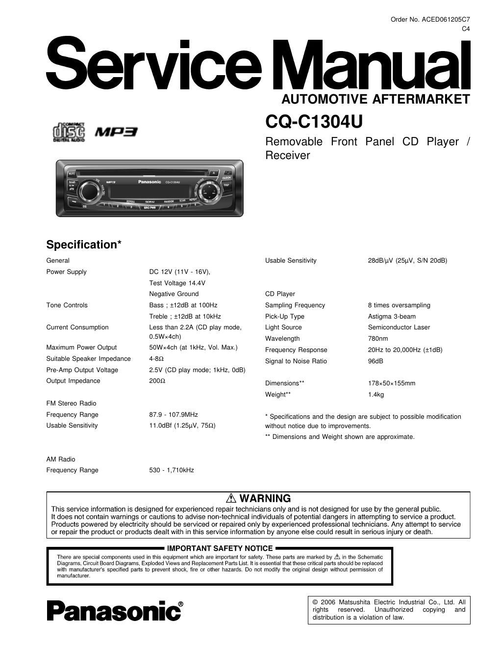 panasonic cq c 1304 u service manual