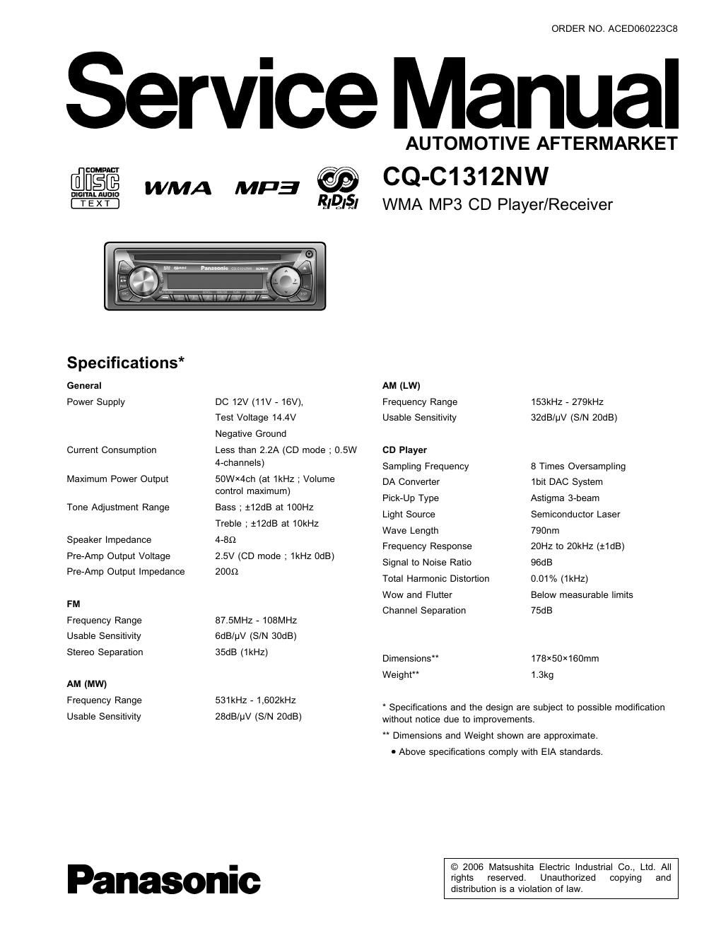 panasonic cq c 1312 nw service manual
