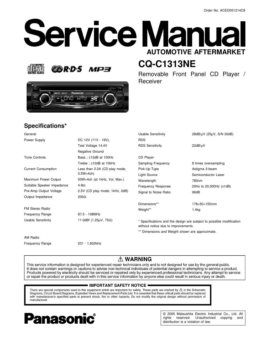 panasonic cq c 1313 ne service manual