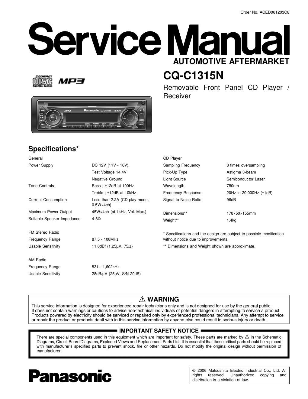 panasonic cq c 1315 n service manual