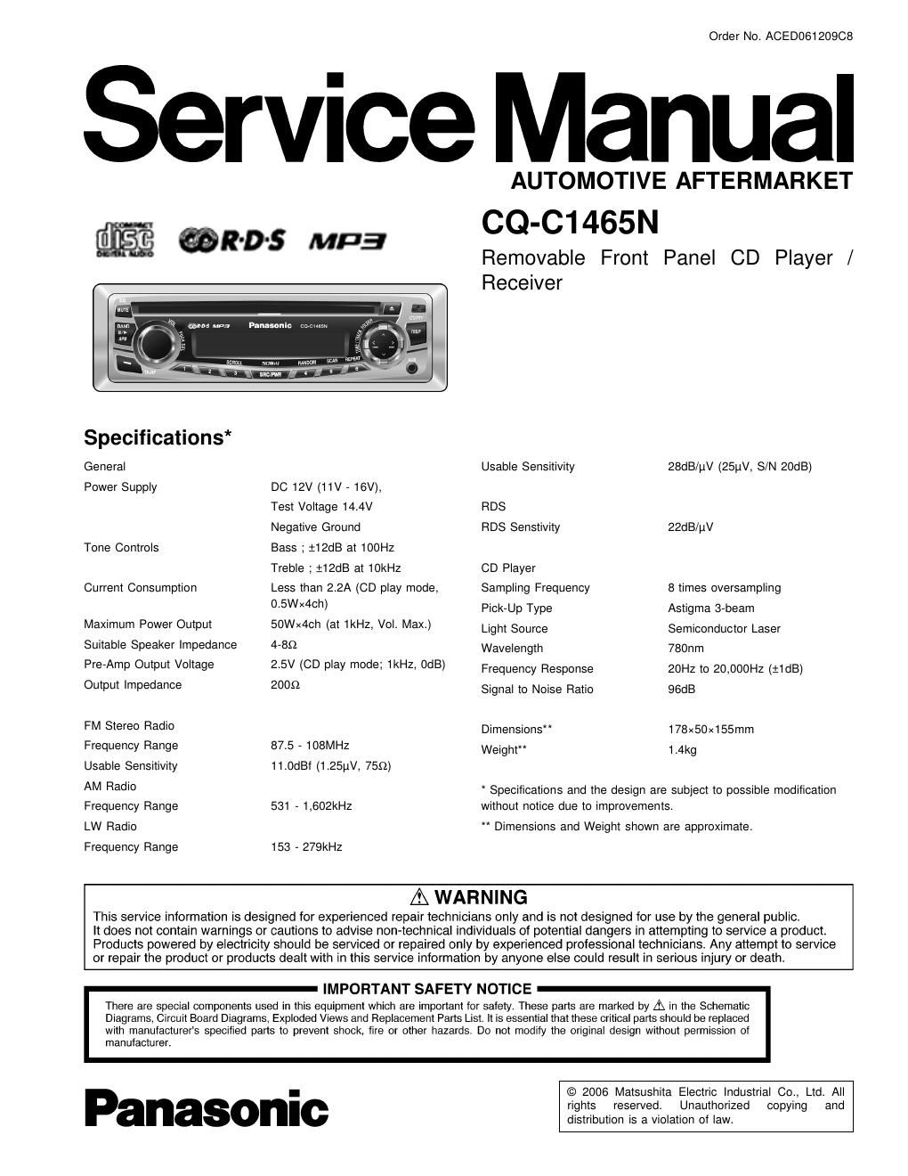 panasonic cq c 1465 n service manual