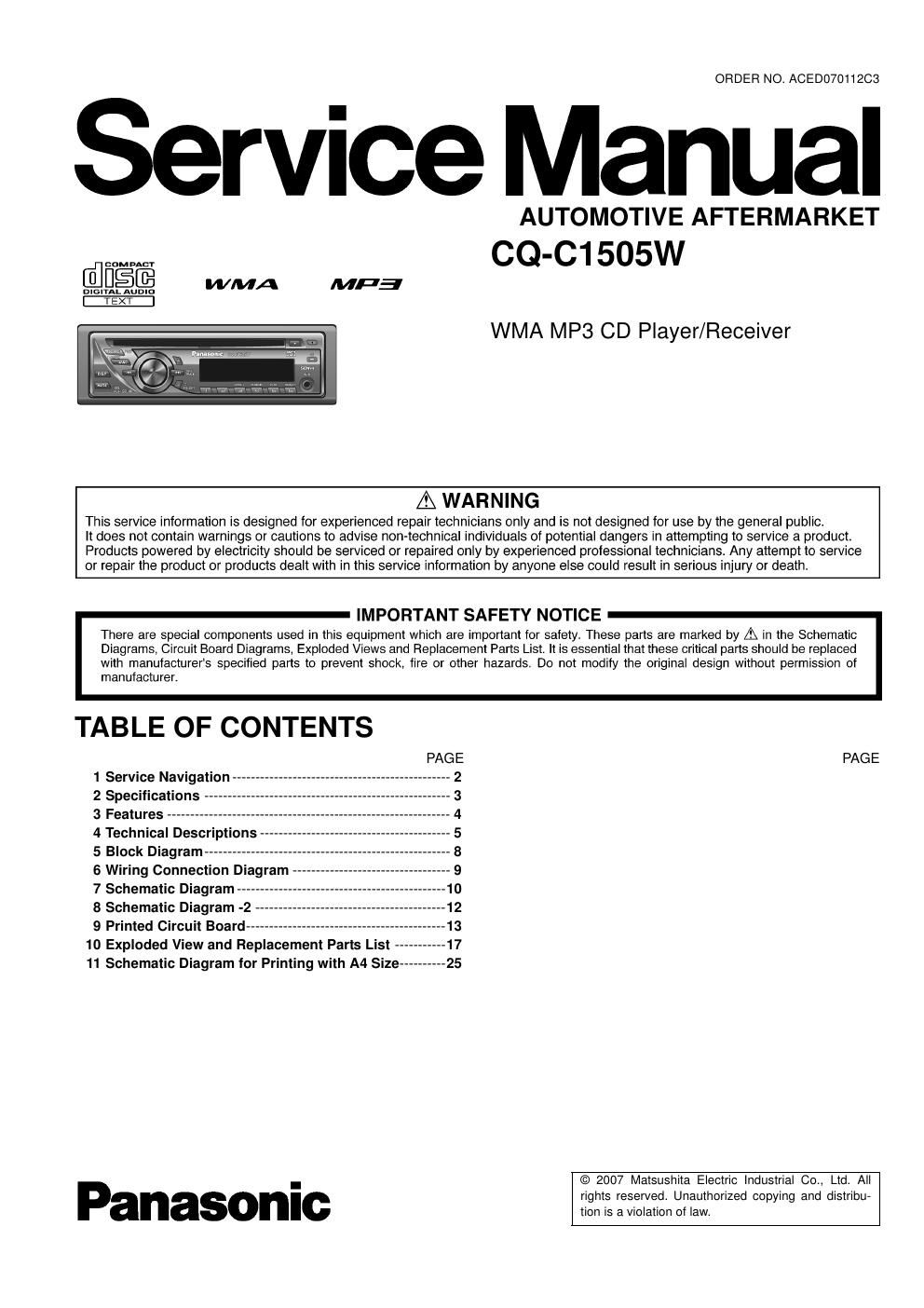 panasonic cq c 1505 w service manual