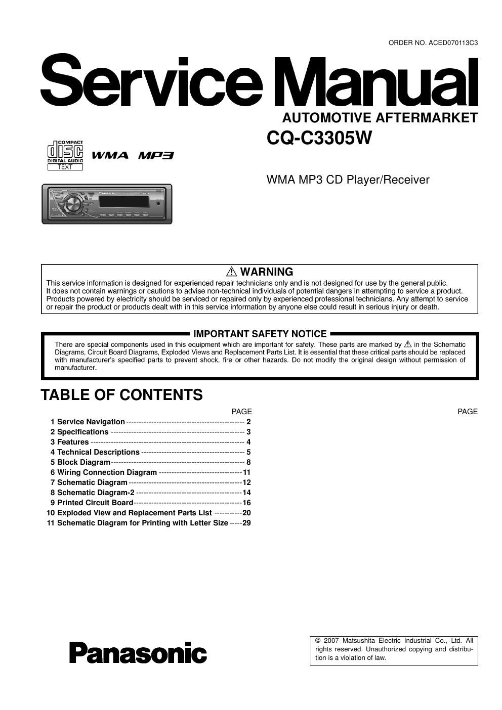 panasonic cq c 3305 w service manual