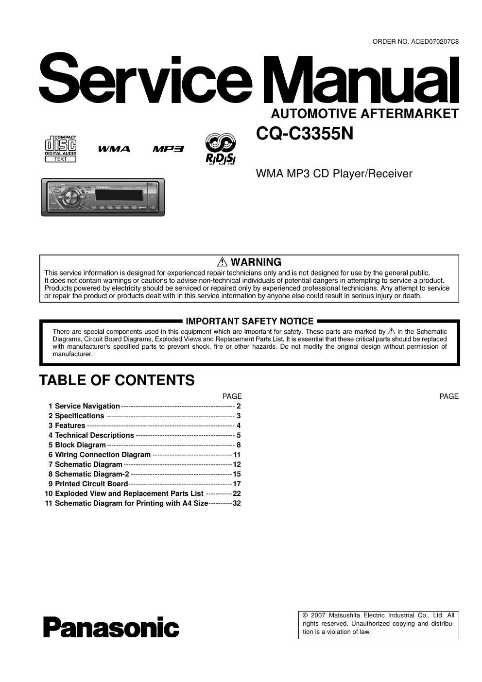 panasonic cq c 3355 n service manual