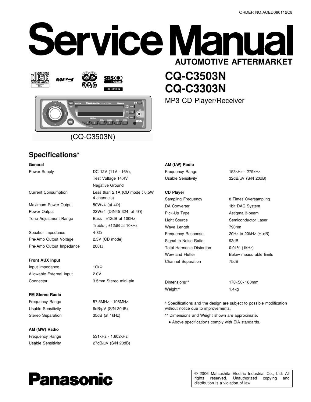 panasonic cq c 3503 n service manual