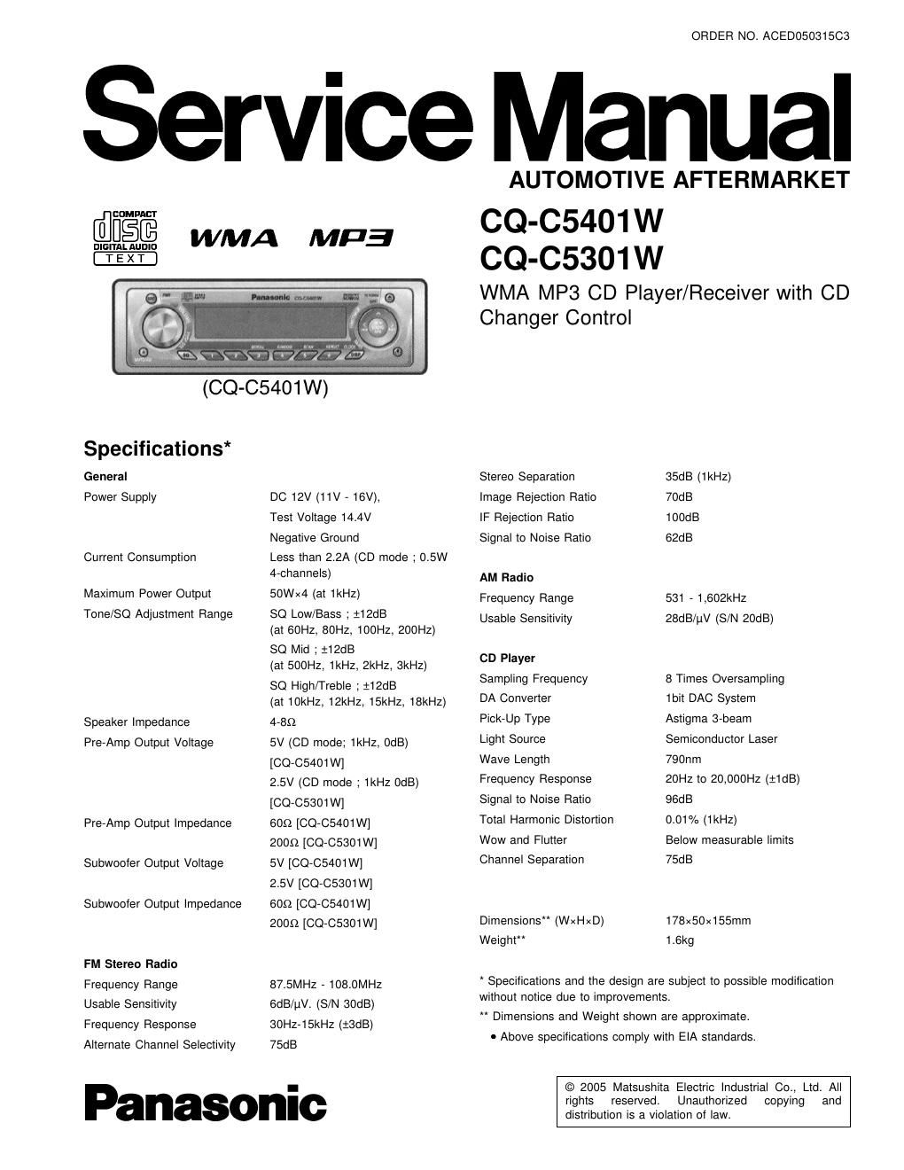 panasonic cq c 5301 w service manual
