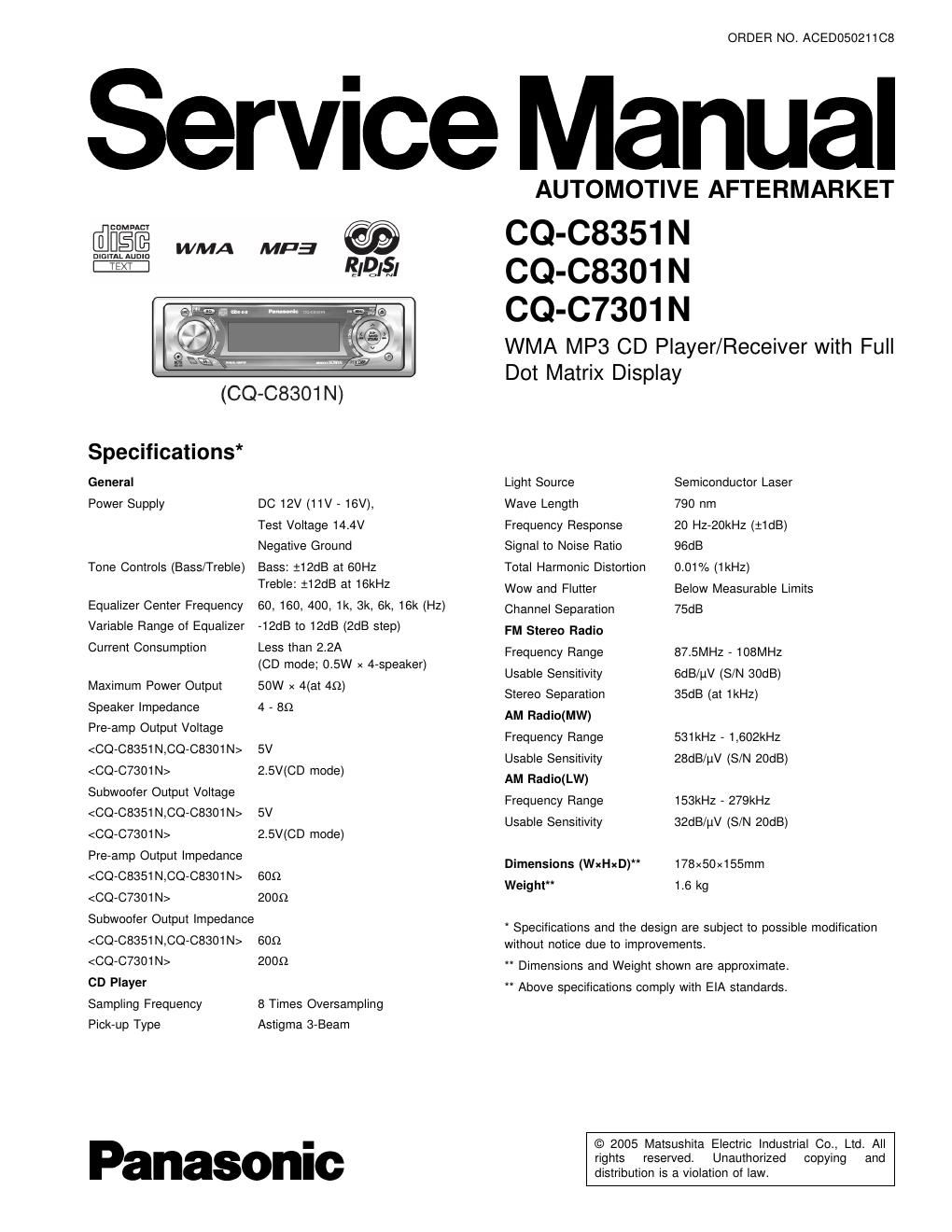 panasonic cq c 7301 n service manual