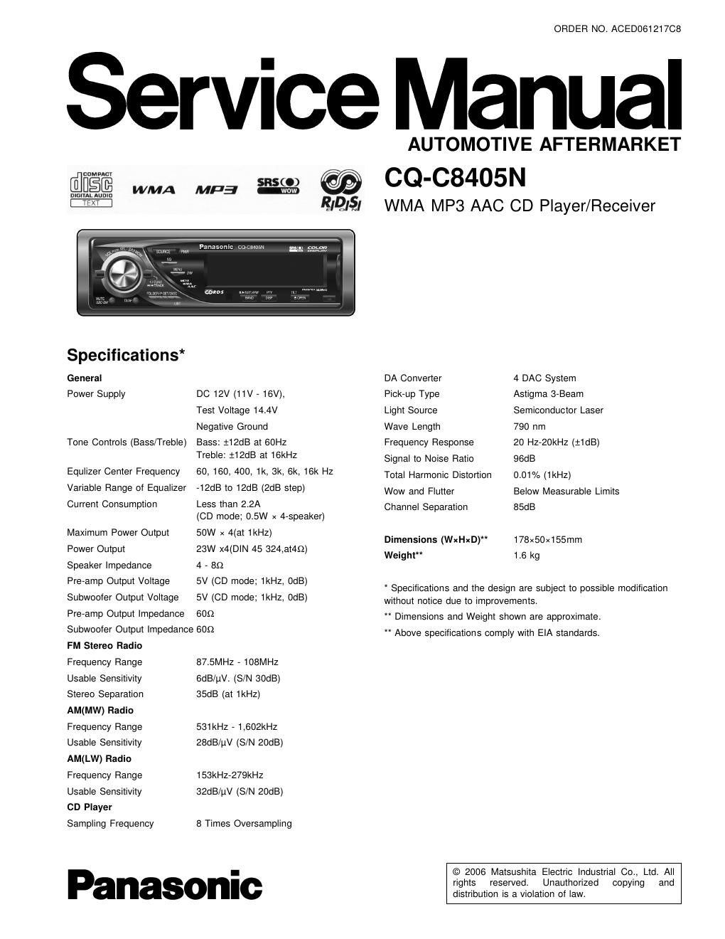 panasonic cq c 8405 n service manual