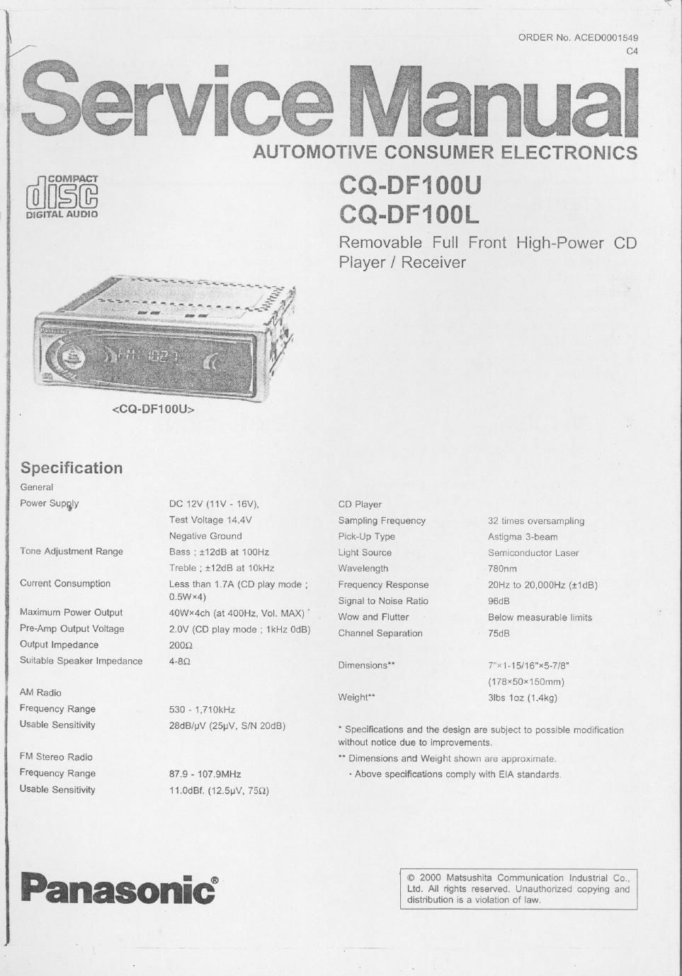 panasonic cq df 100 u service manual