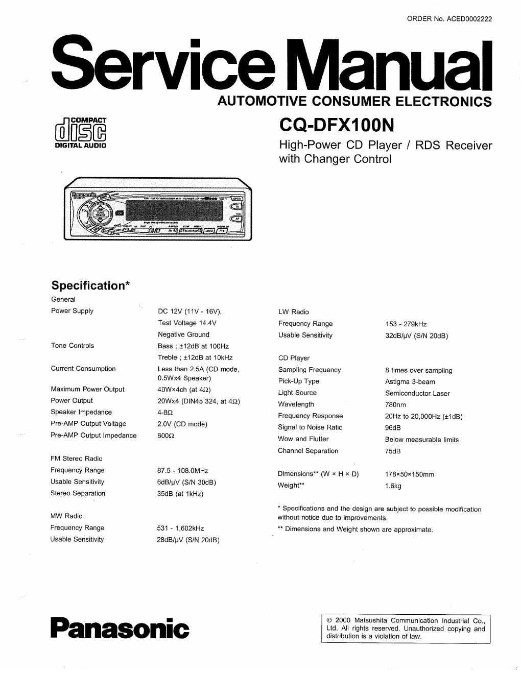 panasonic cq dfx 100 n service manual