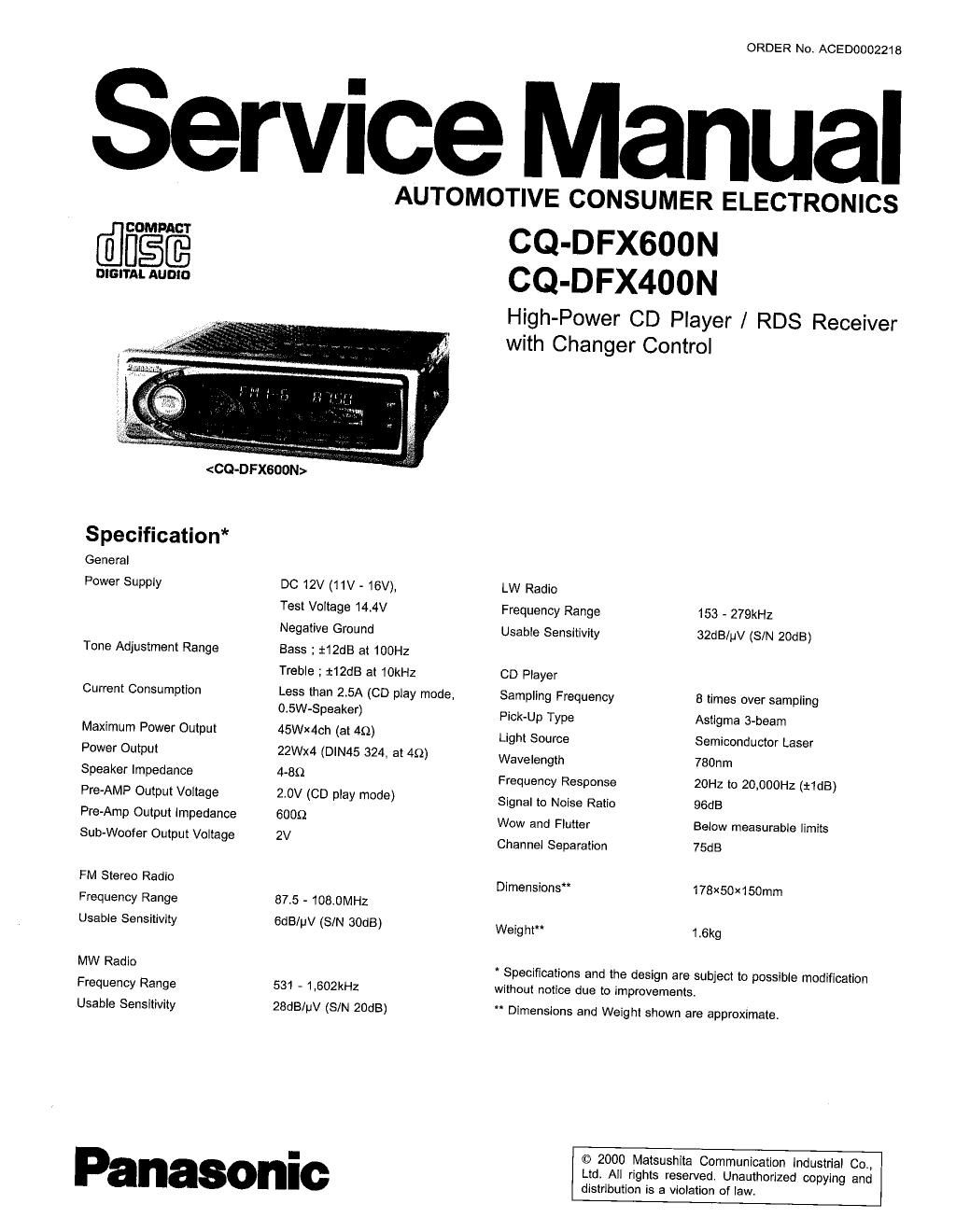 panasonic cq dfx 600 n service manual