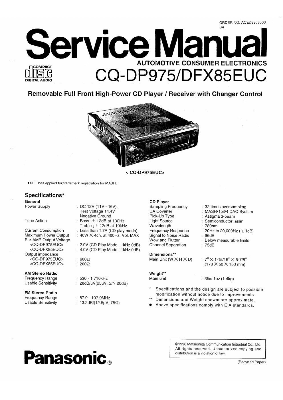 panasonic cq dfx 85 euc service manual