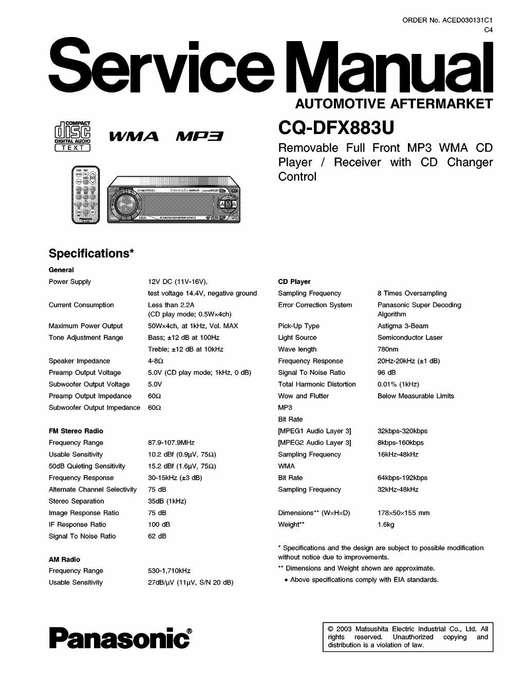 panasonic cq dfx 883 u service manual