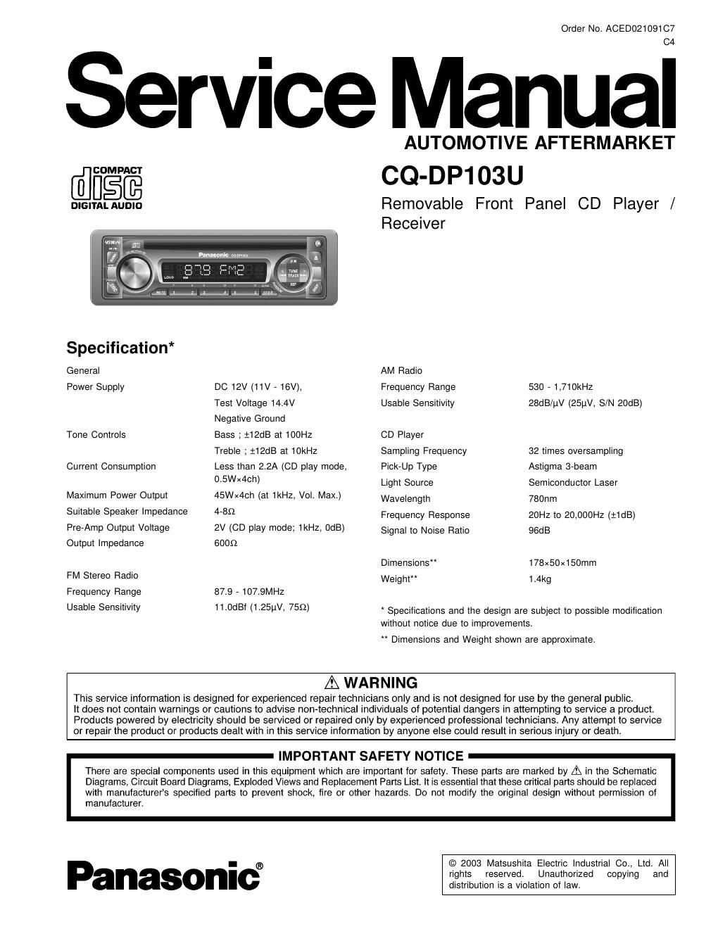 panasonic cq dp 103 u service manual