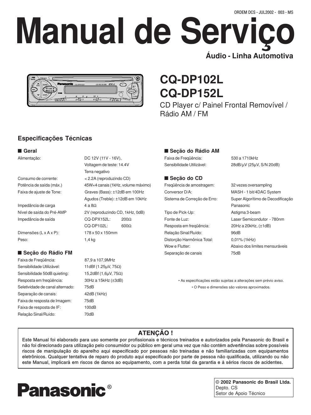 panasonic cq dp 152 l service manual