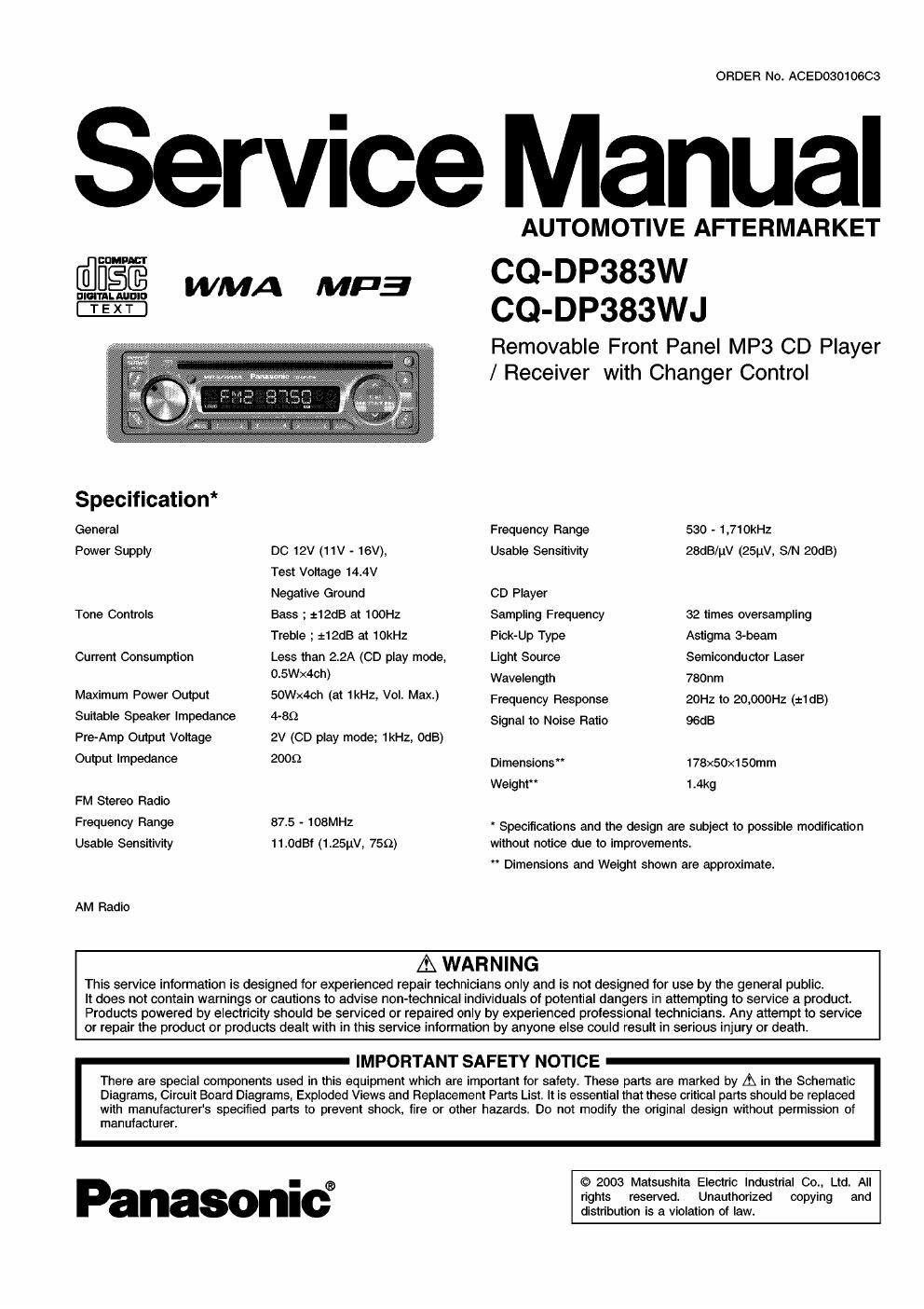 panasonic cq dp 383 w service manual