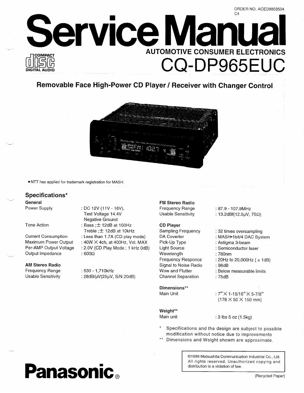 panasonic cq dp 965 euc service manual
