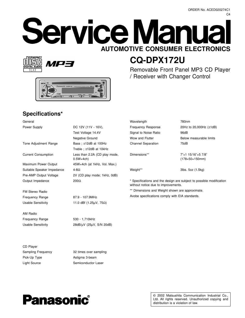 panasonic cq dpx 172 u service manual