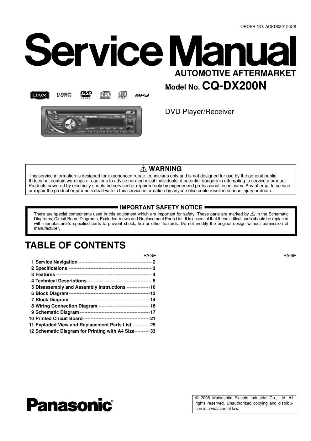 panasonic cq dx 200 n service manual