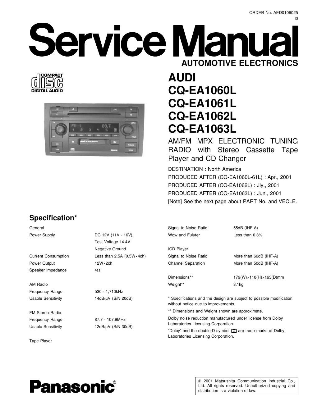 panasonic cq ea 1060 l service manual