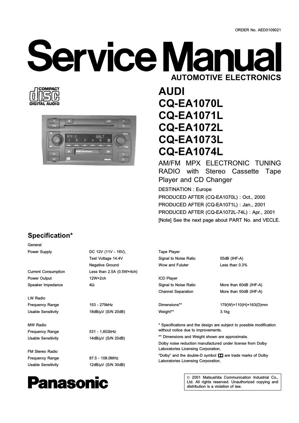 panasonic cq ea 1070 l service manual