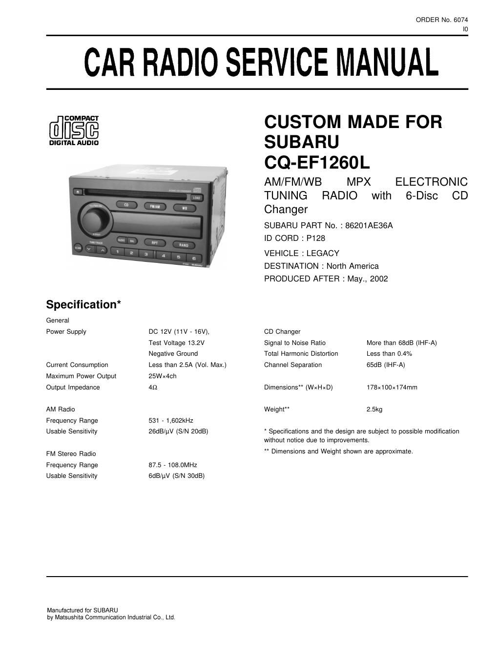 panasonic cq ef 1260 l service manual