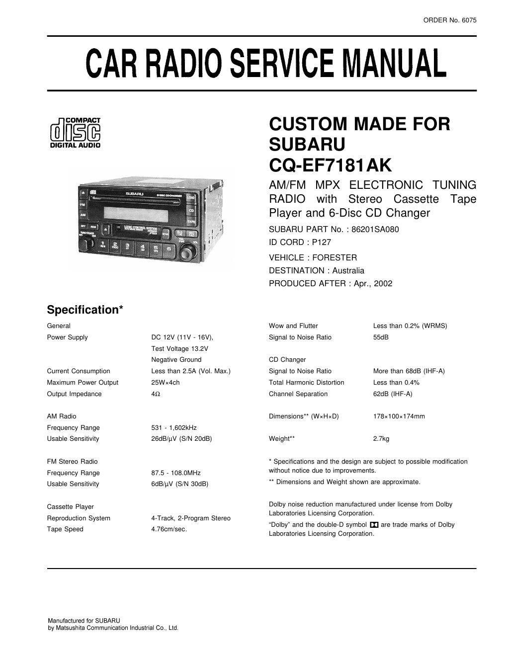 panasonic cq ef 7181 ak service manual