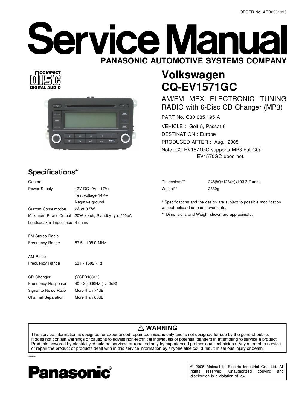 panasonic cq ev 1751 gc service manual