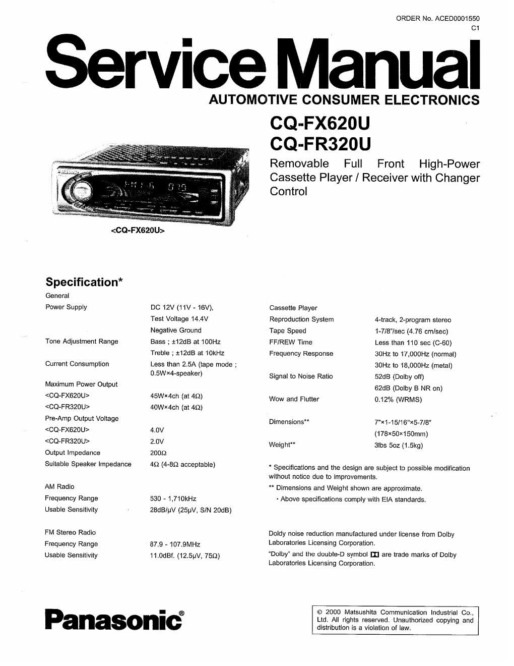 panasonic cq fr 320 service manual
