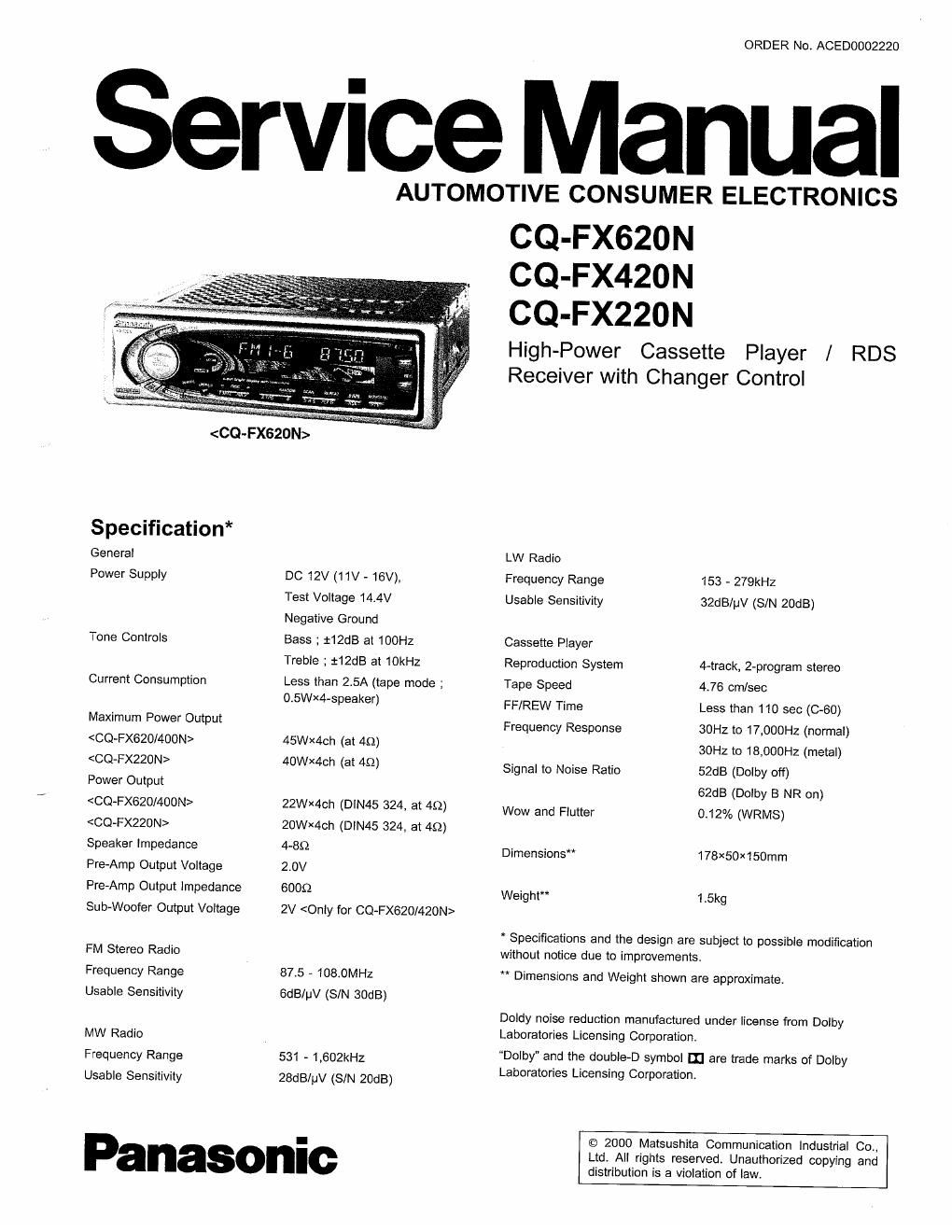 panasonic cq fx 220 n service manual